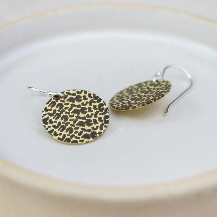 Sterling Silver And Brass Leopard Print Textured Disc Earrings