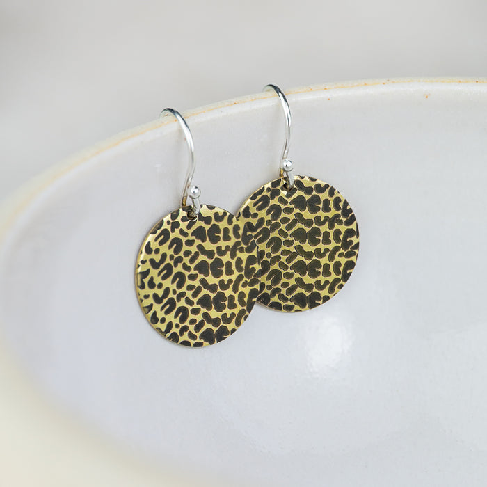Sterling Silver And Brass Leopard Print Textured Disc Earrings
