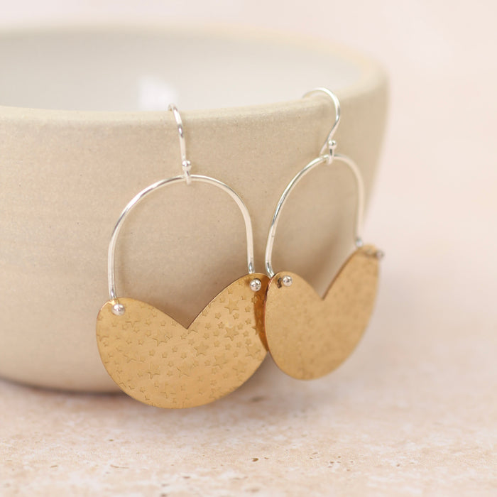 Sterling Silver And Brass Soft Heart Textured Earrings