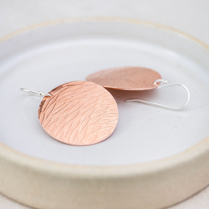 Sterling Silver And Copper Circle Disc Textured Earrings