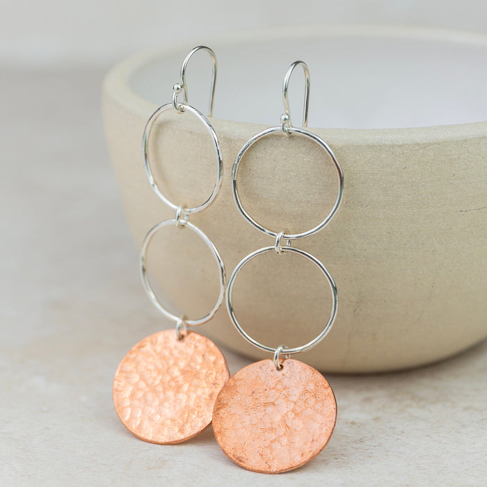 Sterling Silver And Copper Circle Drop Earrings