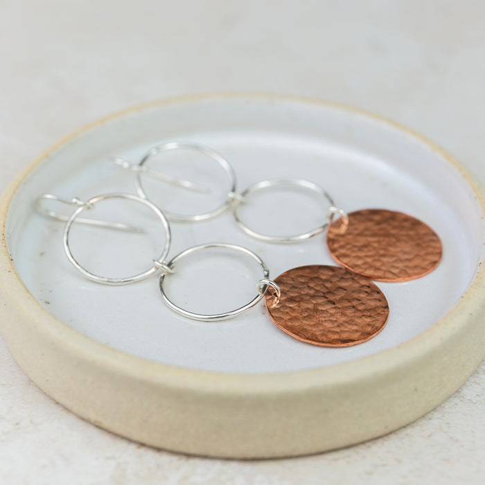 Sterling Silver And Copper Circle Drop Earrings