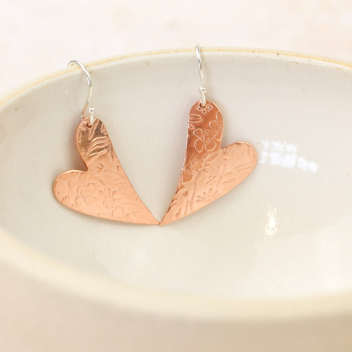 Sterling Silver And Copper Tilted Heart Textured Earrings