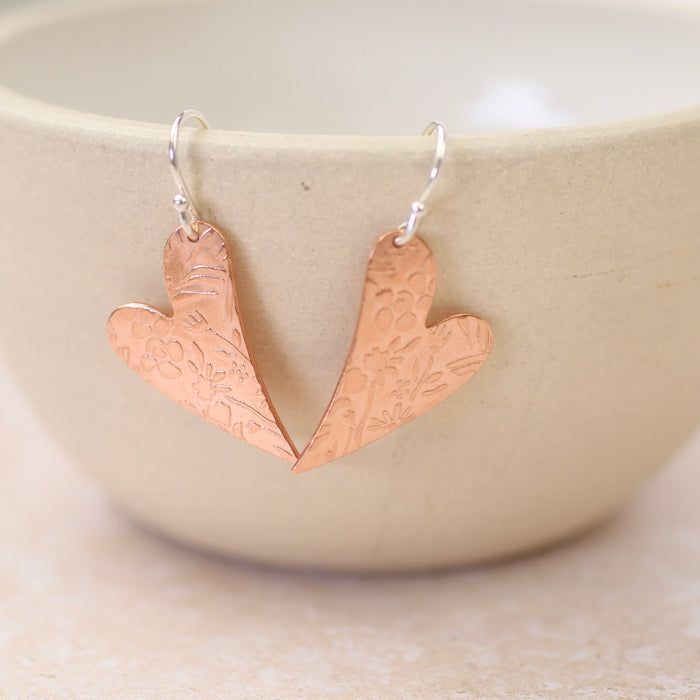 Sterling Silver And Copper Tilted Heart Textured Earrings
