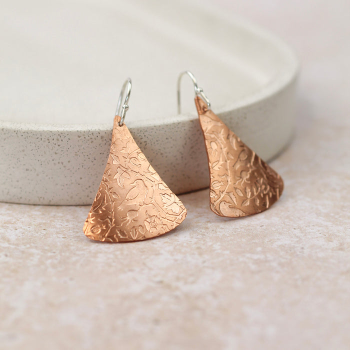 Sterling Silver And Copper Triangle Textured Earrings