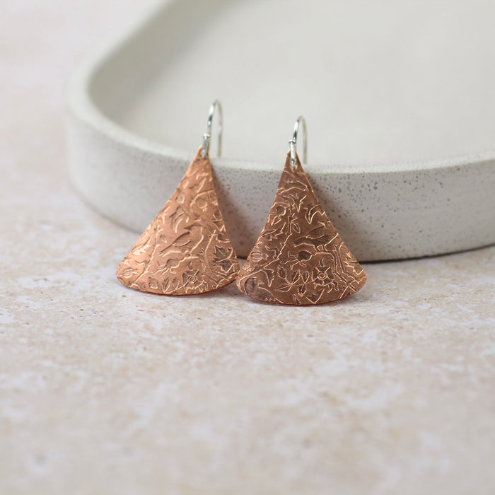 Sterling Silver And Copper Triangle Textured Earrings