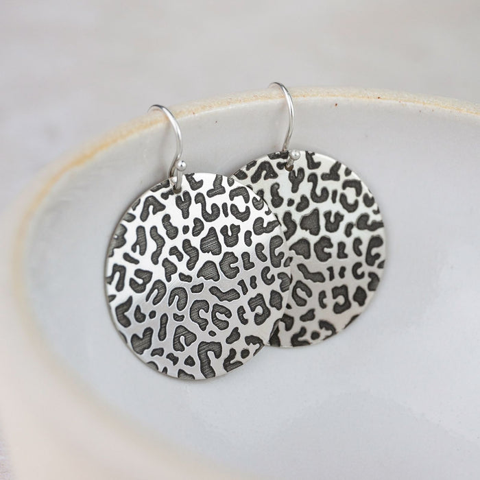 Sterling Silver Large Leopard Print Disc Earrings