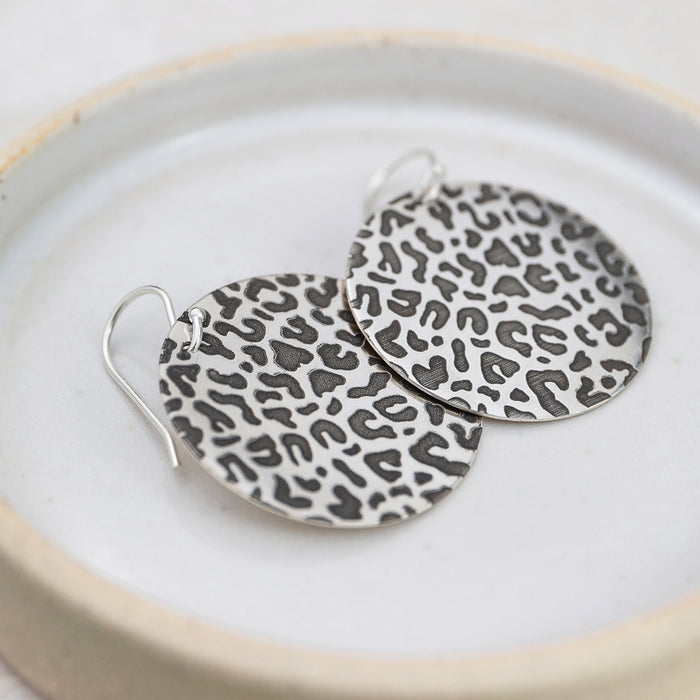 Sterling Silver Large Leopard Print Disc Earrings