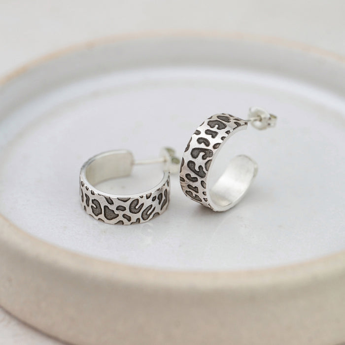 Sterling Silver Leopard Print Textured Hoops