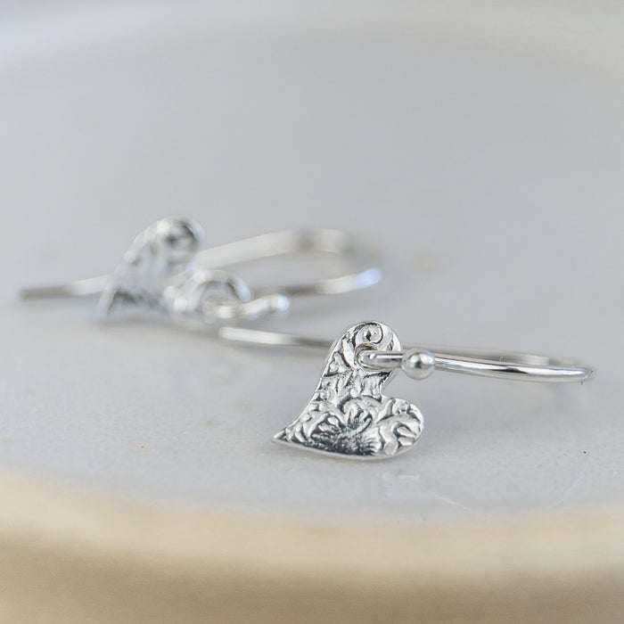 Sterling Silver Mini Textured Tilted Heart Earrings