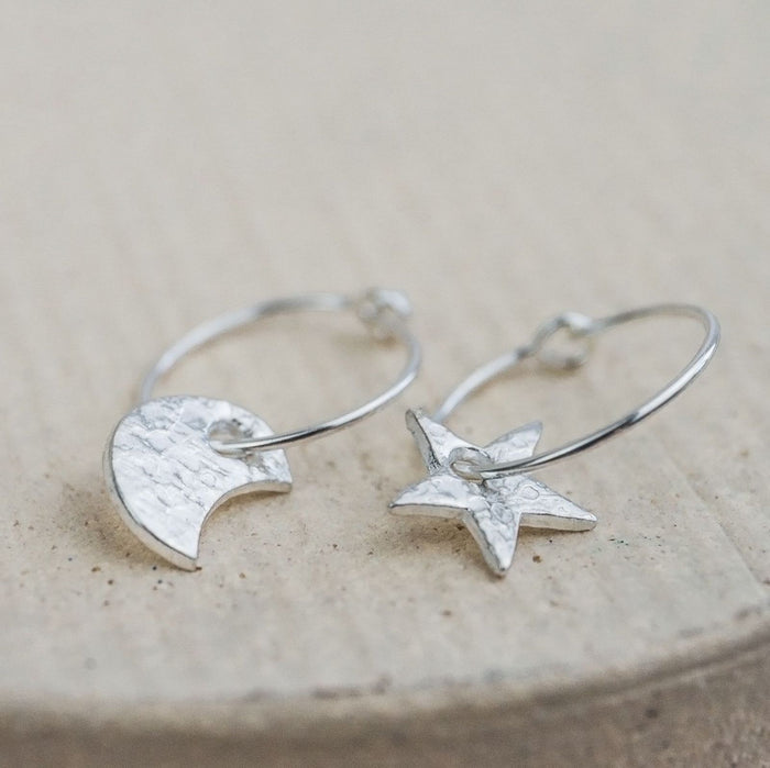 Sterling Silver Mismatch Star & Moon Hoops