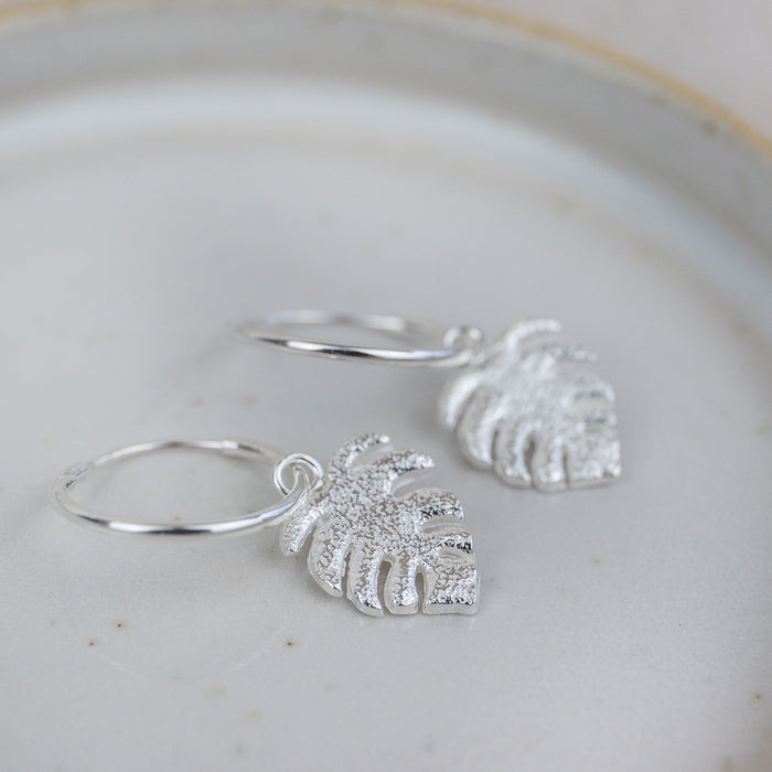 Sterling Silver Monstera Charm Hoops