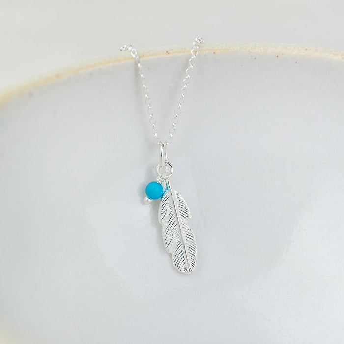 Sterling Silver Small Feather And Turquoise Pendant