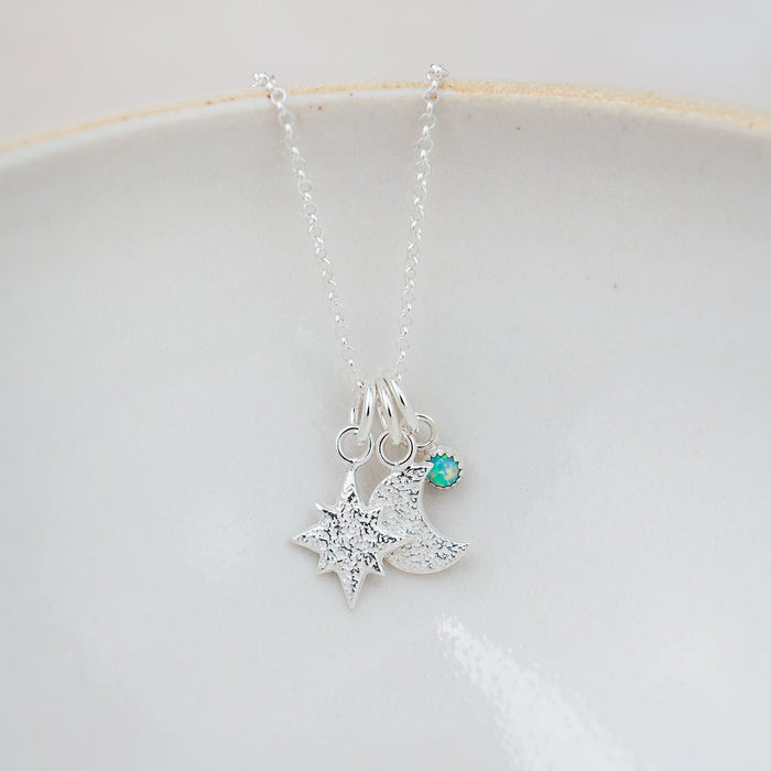 Sterling Silver Star and Moon Gemstone Cluster Pendant