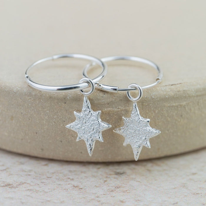 Sterling Silver Starburst Charm Hoops