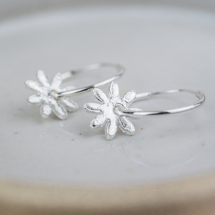 Sterling Silver Textured Charm Hoops - Daisy