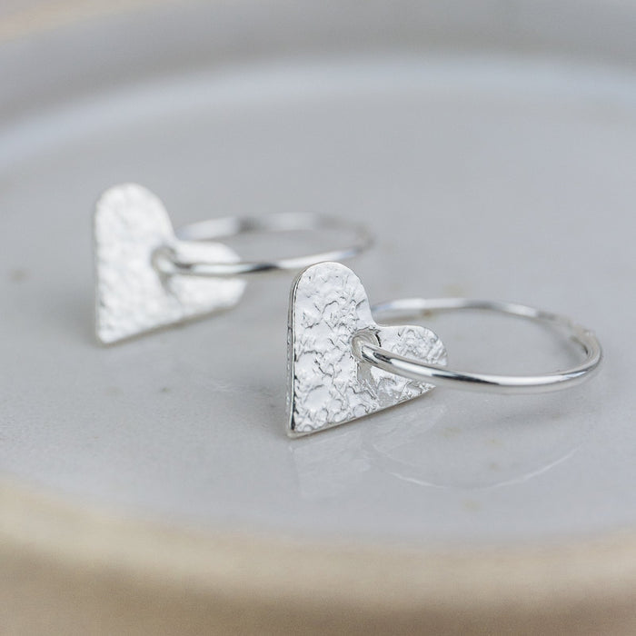 Sterling Silver Textured Charm Hoops - Heart