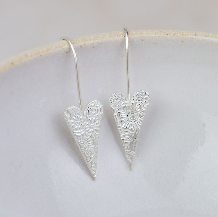 Sterling Silver Long Heart Earrings