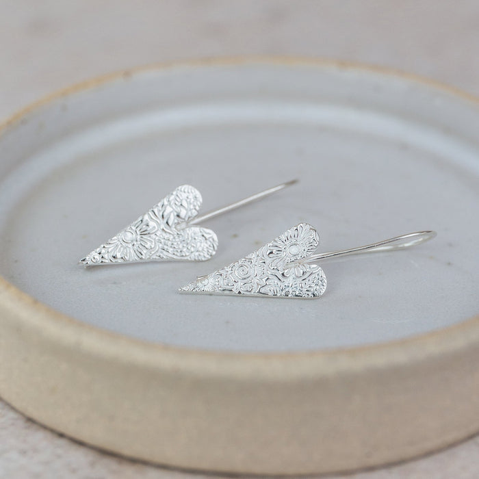 Sterling Silver Textured Long Heart Earrings