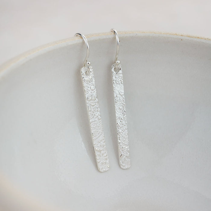 Sterling Silver Textured Long Rectangle Earrings