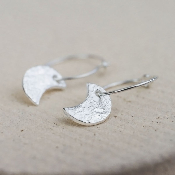 Sterling Silver Textured Moon Charm Hoops