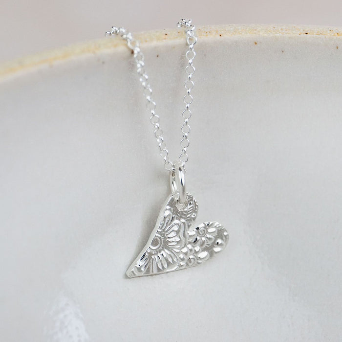 Sterling Silver Textured Small Tilted Heart Pendant