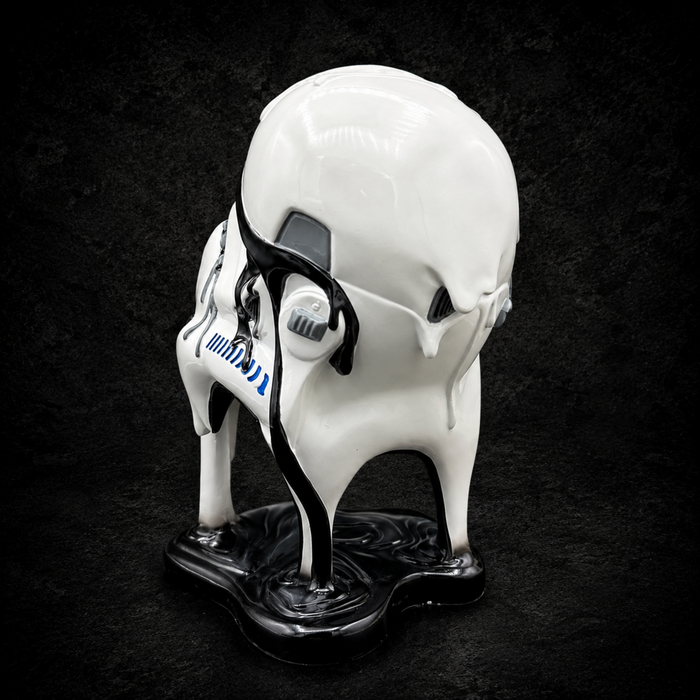 Rear view of the Stormtrooper Too Hot To Handle ornament showing the melting helmet design and flowing black resin effect