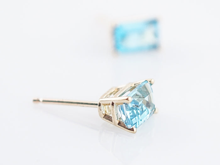Stud Earrings Modern 1.33 Emerald Cut Blue Topaz in 14k Yellow Gold