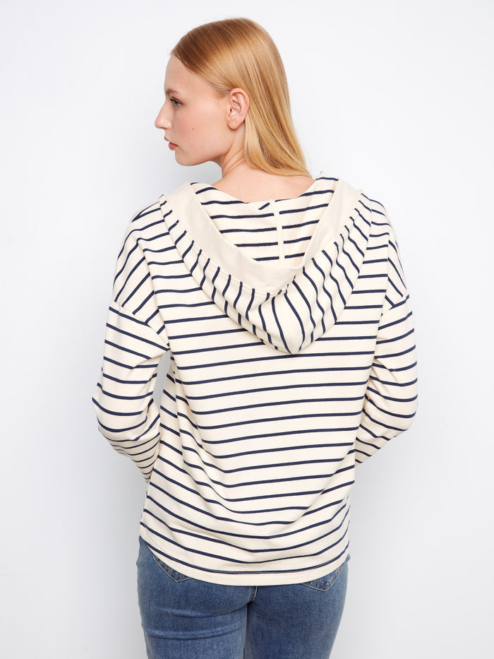 Navy and white striped hoodie showcasing an elegant attached hood by Charlie B.
