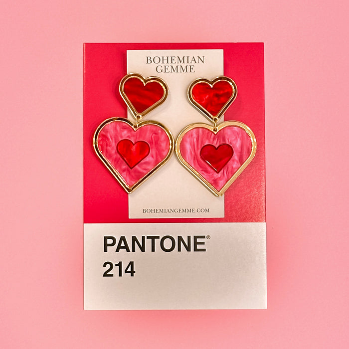 Valentines Pink and Red  Double Heart Earrings