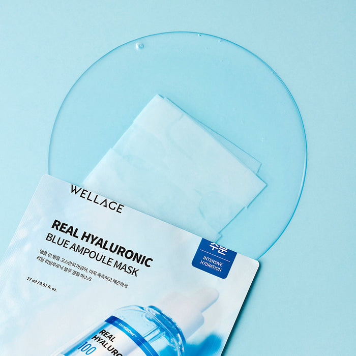 WELLAGE Real Hyaluronic Blue Ampoule Mask 5 Sheets on blue background showcasing packaging and sheet