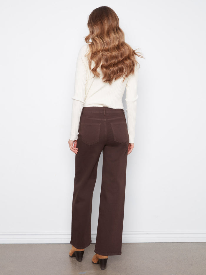 Full-length brown pants with exquisite floral embroidery and a comfortable regular rise in stretch twill fabric by Charlie B.