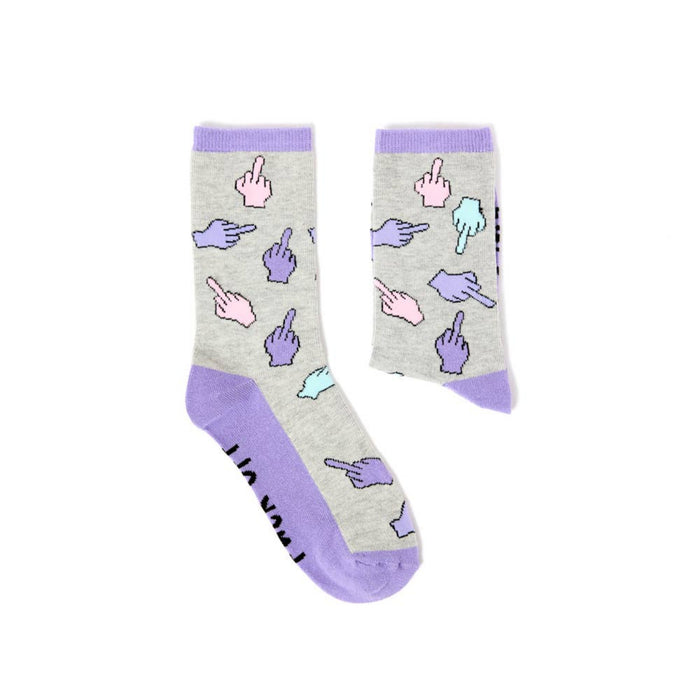 Pair of purple novelty socks with colourful all-over pattern and slogan design