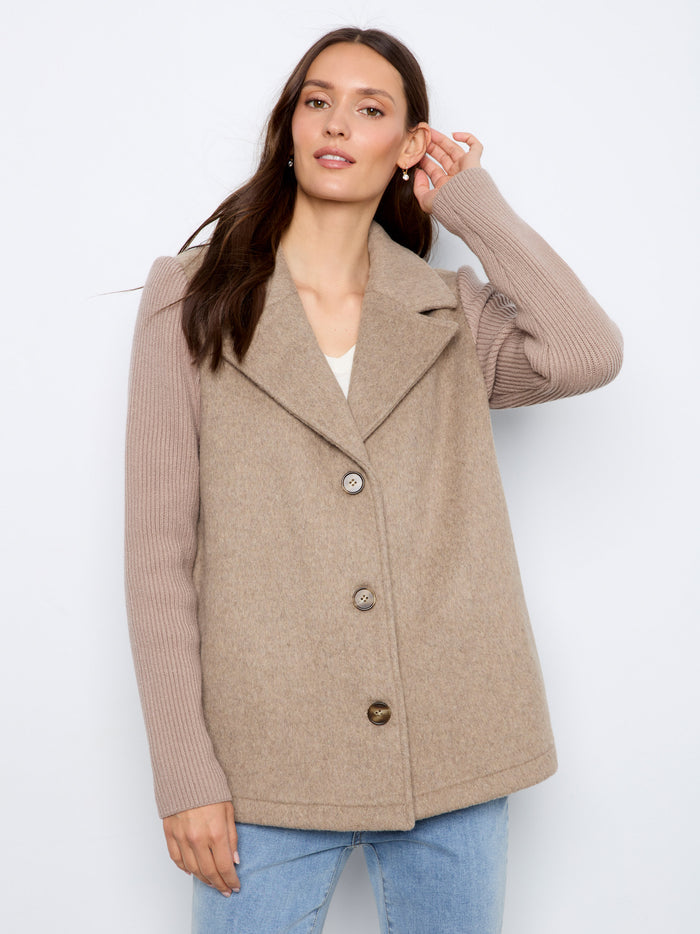 Elegant taupe jacket showcasing a notched lapel collar and button-front design in a soft wool blend by Charlie B.