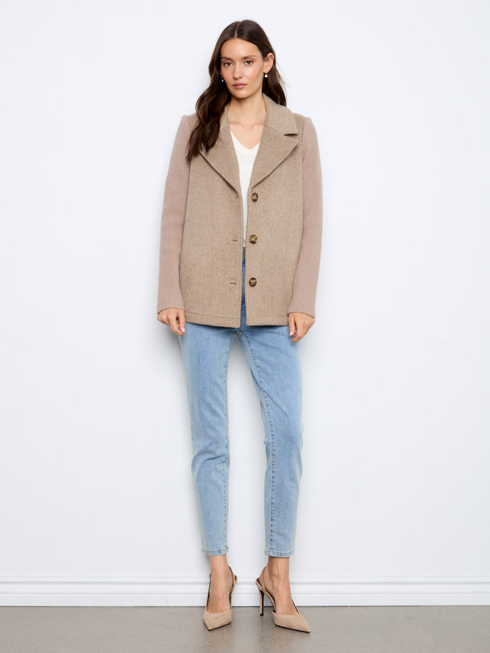 Wool Blend Jacket With Rib Knit Sleeves - Heather Taupe